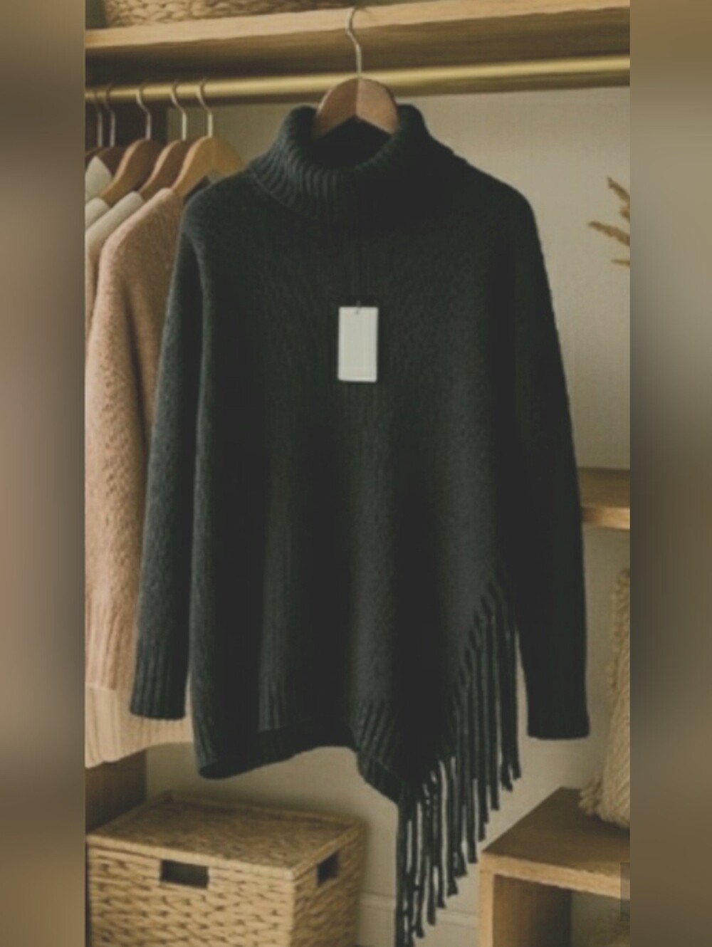 Boho Black Slouchy XL Fringe Knit Cozy Turtleneck Soft Artisy Sweater New